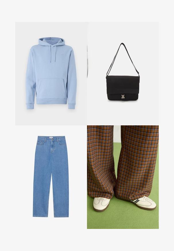 Ljusblå hoodie i mjukt material, med känguruficka, justerbar dragkedja på huvan och ribbade manschetter. Litet logotyp på bröstet.; Ljusblå denimjeans med rak passform, femficksdesign, enkel knappknäppning och subtila stygn detaljer på sömmarna.; Bruna och blå rutiga vida byxor i kombination med vita skor med svarta accenter och texturerade sulor, mot en grön bakgrund.; Svart messenger väska i slät material med en vikbar klaff, silverfärgade spännen och justerbar axelrem.