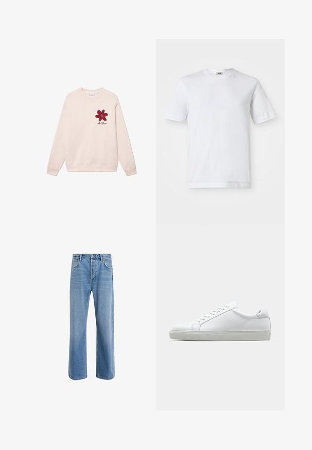 Beige hettegenser laget av bomull, med et rødt blomsterdesign med svarte konturer på venstre bryst, samt strikkede mansjetter og nederkant.; Hvit bomulls t-skjorte med korte ermer, rund hals og en glatt tekstur. Ingen mønstre eller detaljer er synlige.; Lys blå denimjeans med rett ben-design, fem lommer, knappeåpning, minimal falming og kontrasterende sømdetaljer.; Hvit sneakers med en glatt skinnoverdel og lav profil. Har en rund tå, seks snøring hull, og en teksturert gummisåle.