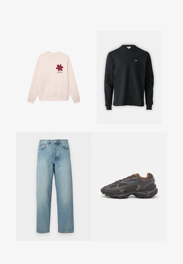 Beige sweatshirt made of cotton, featuring a red flower graphic with black outlines on the left chest and ribbed cuffs and hem.; Black long-sleeve t-shirt made of cotton, featuring a round neckline and a small green embroidered crocodile logo on the left chest.; Light blue denim jeans with a loose fit, straight legs, five-pocket design, and a button closure at the waist. Minimalistic stitching detail.; Lacoste sneakers in dark gray with mesh and synthetic material, featuring a textured sole and brown accents on the collar and branding.