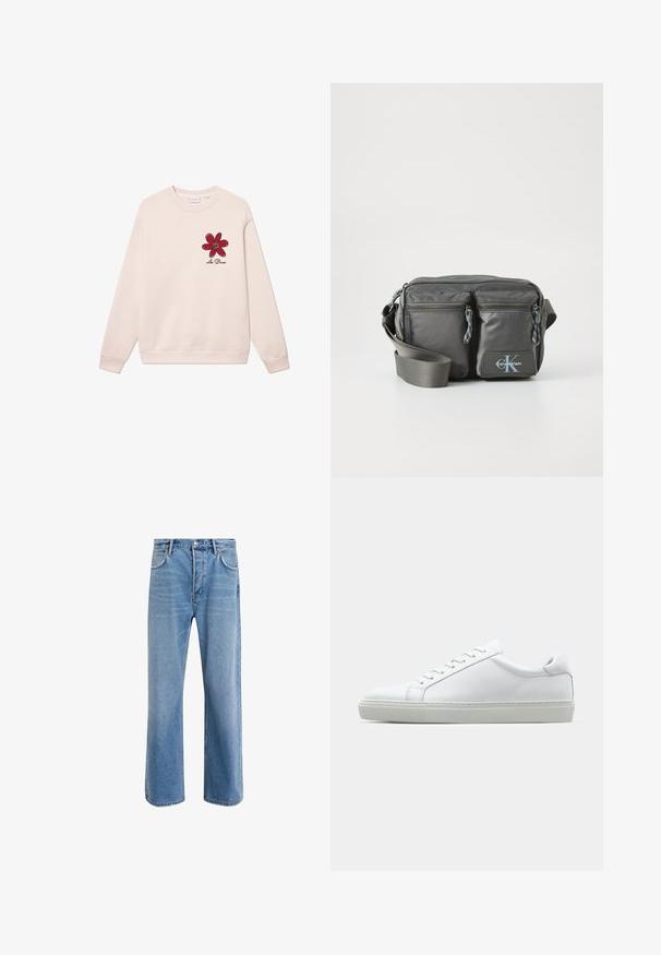 Šviesiai rudas medvilnės džemperis, kuriame kairėje krūtinės pusėje pavaizduota raudona gėlė juodais kontūrais, taip pat suksuotos rankogaliai ir apvadas.; Šviesiai mėlyni džinsai su tiesiu kirpimu, penkios kišenės, mygtuko užsegimas, minimalus blukimas ir kontrastingi siuvimo detalės.; Baltas sportinis batelis su lygiu odiniu paviršiumi ir žemu profiliu. Turi suapvalintą pirštą, šešis akių skyrius ir tekstūruotą gumos padą.; Pilkos nailono per petį nešiojama krepšys su dviem užtrauktukais priekyje, reguliuojama juosta ir logotipo akcentu. Lygi tekstūra su moderniu dizainu.