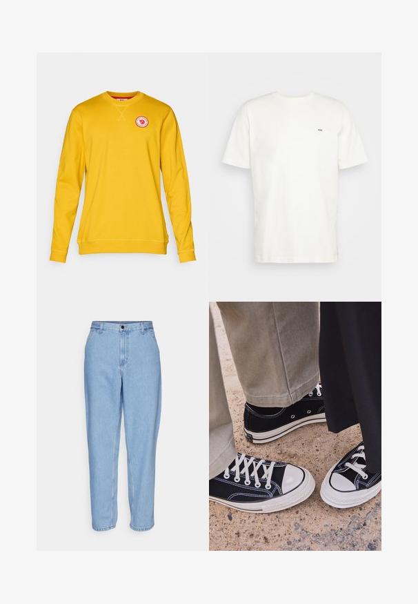 Žlutá mikina vyrobená z měkké tkaniny, s kulatým výstřihem, dlouhými rukávy a kulatou nášivkou s logem na hrudi.; Bílá bavlněná tričko s kulatým výstřihem, krátkými rukávy a malým černým logem "W.W." na levé straně hrudi. Hladký povrch, klasický střih.; Světle modré džíny z denimu s uvolněným střihem, vysokým pasem a rovnými nohavicemi. Obsahují přední kapsy a kovové zapínání na knoflík.; Černé plátěné tenisky s bílými gumovými špičkami a tkaničkami. Protišvy a kovové očko dodávají detail. Nosené s béžovými kalhotami a černou látkou.