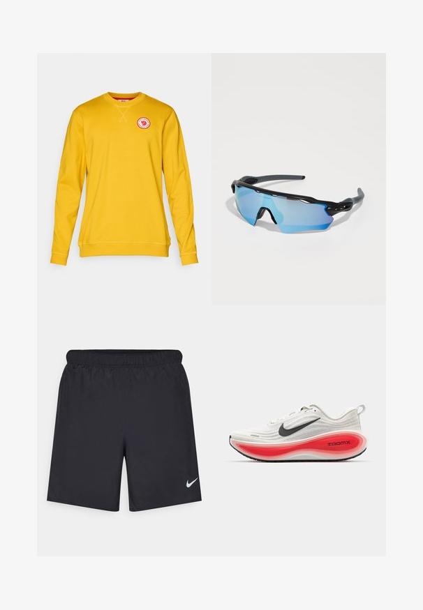 Žlutá mikina vyrobená z měkké tkaniny, s kulatým výstřihem, dlouhými rukávy a kulatou nášivkou s logem na hrudi.; Černé sportovní šortky vyrobené z lehkého materiálu s elastickým pasem. Na spodní levé straně mají malé bílé logo Nike.; Běžecké boty Nike s bílým pleteným svrškem, černým swooshem a silnou červenou a bílou polstrovanou podrážkou označenou "ZOOMX." Černá podešev pro trakci.; Sportovní sluneční brýle s černým rámem, velkými modře tónovanými skly a pevnou konstrukcí. Nabízí vylepšené zakřivené pokrytí.