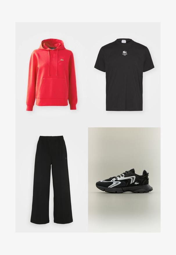 Červená mikina s kapucňou vyrobená z bavlnenej zmesi. Obsahuje klokanie vrecko, rebrované manžety a malú zelenú značku na ľavej hrudi.; Čierne bavlnené tričko s rúbovaným okrajom okolo krku, krátkymi rukávmi a malým bielym vyšívaným logom Lacoste nad nápisom "PARÍŽ" na hrudi.; Čierne široké nohavice s elastickým pásom. Vyrobené z mäkkého, ľahkého materiálu. Obsahujú vertikálne švy po prednej strane.; Čierne športové topánky s sieťovanými panelmi, striebornými akcentmi a textúrovanými čiernymi prekrytiami. Obsahujú šnúrky a zakrivenú, pevnú podrážku.