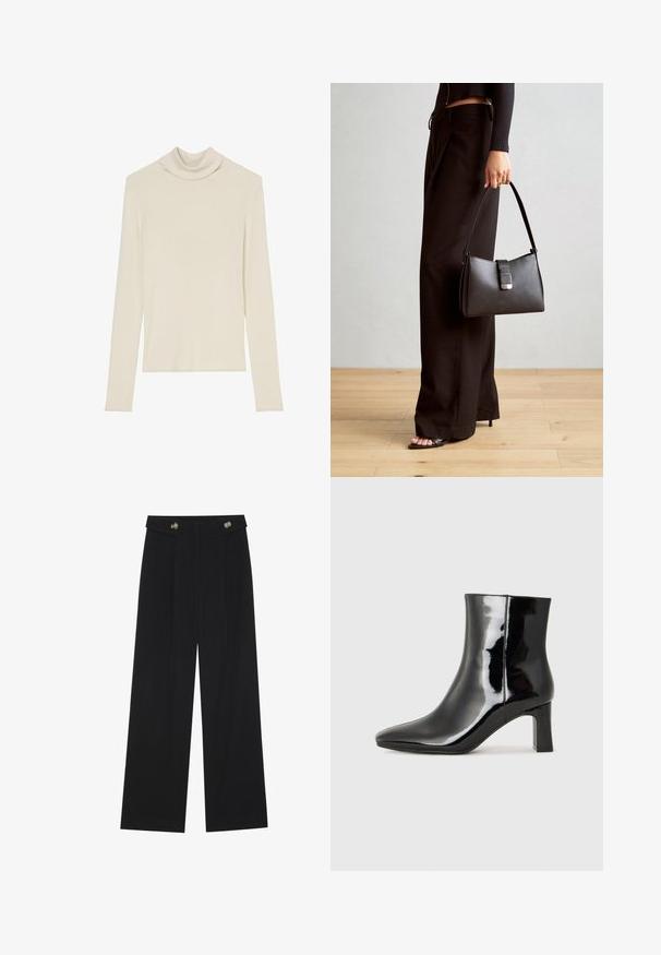Lys beige turtleneck genser laget av ribbestrikket stoff, med lange ermer og en tettsittende silhuett. Glatt tekstur, ingen synlige mønstre.; Svart vide bukser med høy midje, knappdetaljer på midjebåndet og frontplisser.; Sorte patentlær ankle boot med spiss tå og en mellomhøy blokkhelt. Glatt tekstur og minimalistisk design.; Svart håndveske med strukturert form, jevn tekstur og metallisk lås. Kombinert med brede svarte bukser og sandaler med åpen tå på tregulv.