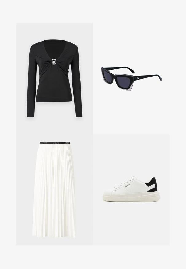Svart langermet topp med V-hals, med en knyttet midtdel med en dekorativ sølvringdetalj. Glatt, tettsittende stoff, minimalistisk design.; Plissert hvit skjørt med en svart elastisk midje som har "LACOSTE"-logoen. Midjelengde design med myk tekstur.; Hvite lær sneakers med tykk hvit såle, svart semsket hælforsterkning og preget logo på siden. Snøresystem med seks hull.; Store svarte solbriller i overdimensjonert størrelse med geometrisk form, med mørke linser og en kontrasterende grå detalj på rammen. Logo på armen.