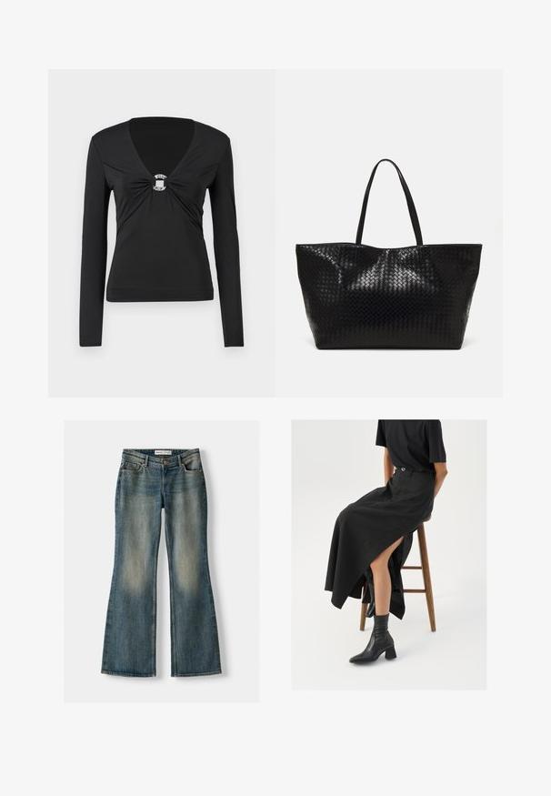 Fekete, hosszú ujjú, V nyakú felső, középen csomózott dísz ezüst gyűrű részlettel. Simma, testhezálló anyag, minimális dizájn.; Kék, bővülő fazonú farmernadrág, elhasználódott mosással, öt zsebbel és gombos záródással. Az anyag denim textúrája finom varrási részletekkel rendelkezik.; Fekete len maxi szoknya magas hasítékkal, fekete pólóval és fekete bokacsizmával viselve. Minimalista dizájn, laza illeszkedéssel.; Fekete szövött bevásárlótáska két strapabíró füllel, fényes felülettel és tágas, nyitott tetejű kialakítással.