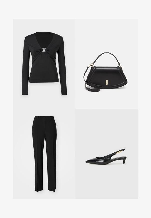 Black long-sleeve top with a V-neck, featuring a knotted center with a decorative silver ring detail. Smooth, fitted fabric, minimal design.; Black tailored trousers with a straight-leg design, featuring a smooth texture and crisp creases along the front. No visible hardware.; Black leather slingback heels with a pointed toe, featuring a slim heel and a gold-tone accent on the adjustable strap. Smooth texture.; Black leather handbag with a structured design, featuring a cropped shape, top handle, and gold hardware accent. Adjustable shoulder strap included.