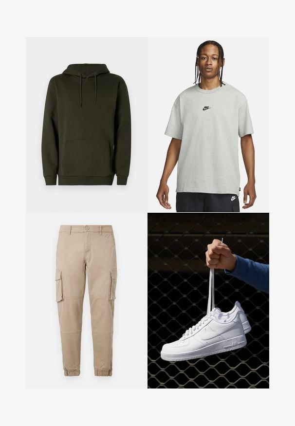 Sudadera con capucha de color verde oscuro, hecha de tela suave, cuenta con un bolsillo canguro, puños acanalados y un cordón para ajustar la capucha.; Joven con cabello trenzado que lleva una camiseta Nike gris claro y pantalones cortos Nike negros frente a un fondo blanco liso.; Pantalones cargo beige de un material de algodón ligero. Presenta puños elásticos, múltiples bolsillos laterales y un cierre de botón.; Zapatillas de cuero blanco con perforaciones, punta redonda, suela plana y cordones gruesos, con un logo de swoosh visible y "AIR" en el talón.