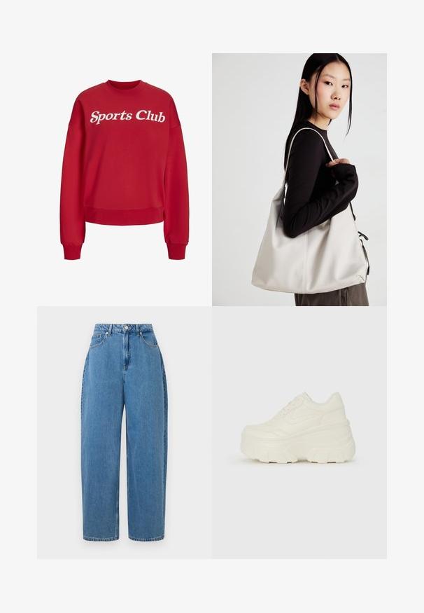 Sweatshirt de gola redonda vermelho com texto branco "Sports Club" atravessando o peito, mangas longas, e punhos e barra canelados.; Jeans de perna reta de cintura alta, de tom azul claro, com fecho de botão e bolsos frontais, expostos sobre um fundo branco.; Tênis brancos de plataforma com um cabedal suave semelhante a couro, formato arredondado, colarinho acolchoado e sola de borracha texturizada com ranhuras bem definidas.; Uma bolsa bege feita de material macio, com um design descontraído, detalhes de costura e duas alças para o ombro. Adequada para uso diário.