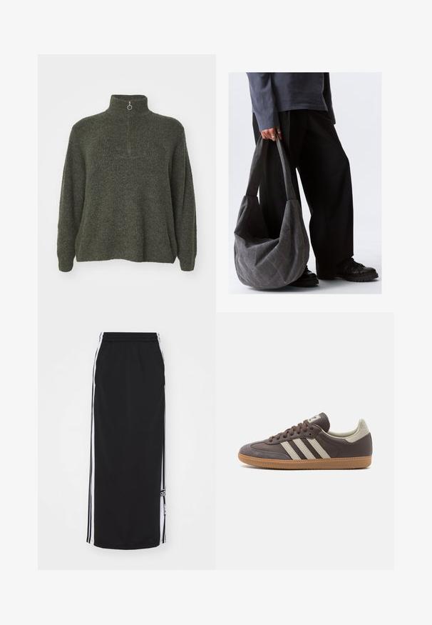 Vero Moda Curve VMCPLAZA ZIPPER - Strickpullover - kalamata melange; Schwarzer Sportrock mit weißen Seitenstreifen, elastischem Bund und Logodetail. Hergestellt aus atmungsaktiven Materialien, knielanges Design.; Braune Leder-Sneaker mit drei hellen Streifen, Gummisohle, abgerundetem Zehenbereich und strukturierten Wildlederelementen an Ferse und Zehen.; Graue Stoff-Schultertasche mit einer lässigen Form, ausgestattet mit glatter Textur und breiten Trägern. Die Tasche wird von einer Person in dunkler Hose gehalten.