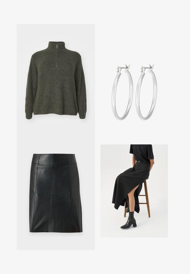 Vero Moda Curve VMCPLAZA ZIPPER - Maglione - kalamata melange; Gonna in pelle nera con un design aderente. Texture liscia, cuciture che delineano la forma e orlo dritto. Aspetto minimalista e slanciato.; Gonna maxi in lino nera con uno spacco alto, indossata con una t-shirt nera e stivaletti neri. Design minimalista con una vestibilità rilassata.; Orecchini a cerchio in argento con una finitura liscia e lucida. Forma rotonda e chiusura a scatto sicura. Design leggero adatto per l'uso quotidiano.