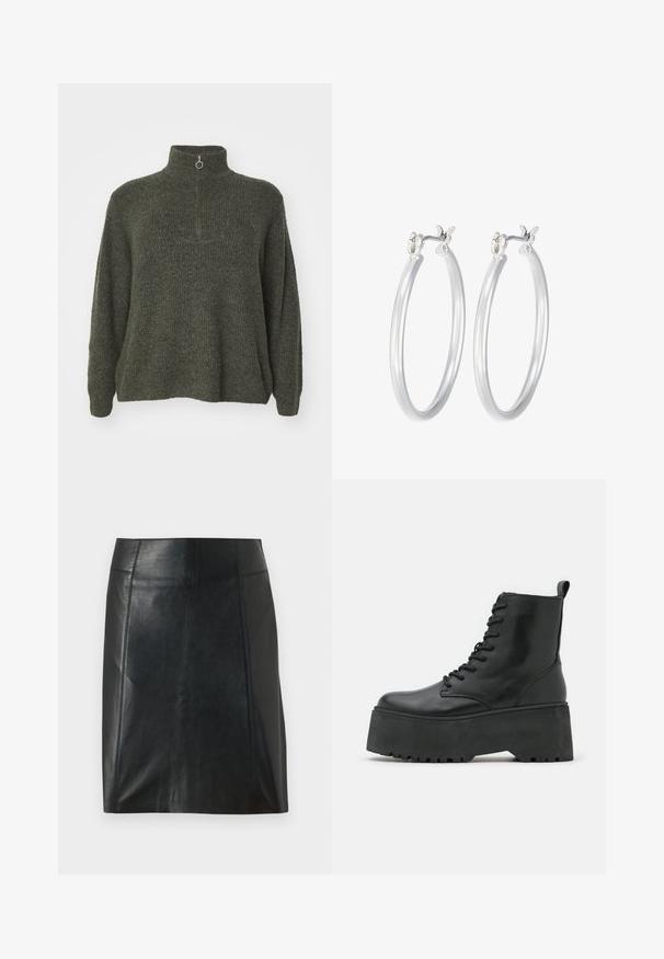 Vero Moda Curve VMCPLAZA ZIPPER - Svetr - kalamata melange; Černá kožená sukně s přiléhavým střihem. Hladký povrch, švy zvýrazňující tvar a rovný lem. Minimalistický a elegantní vzhled.; Černé kotníkové boty s robustní platformou, vyrobené z hladké kůže, se šněrovacími prvky a poutkem na zadní straně.; Stříbrné kruhové náušnice s hladkým, lesklým povrchem. Kulatý tvar a bezpečné zapínání na klip. Lehký design vhodný pro každodenní nošení.