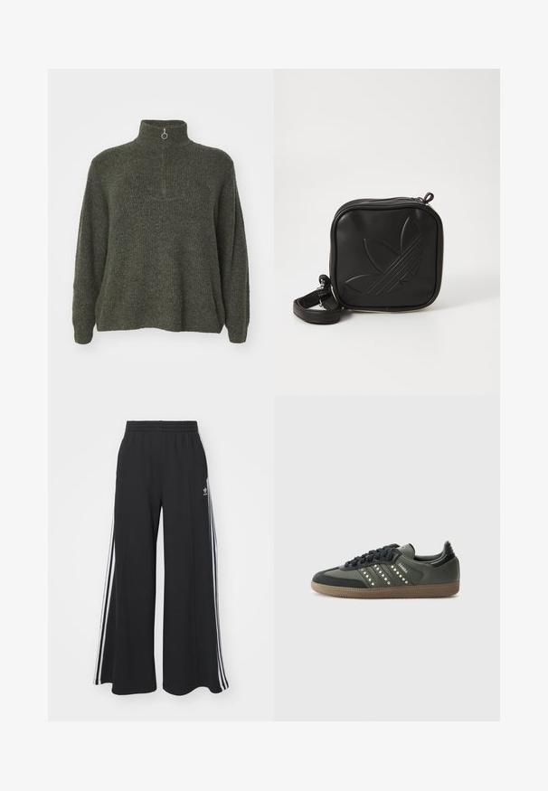 Vero Moda Curve VMCPLAZA ochra; Czarne szerokie spodnie dresowe z elastycznym pasem, z białymi paskami po bokach i haftowanym logo na lewej udzie.; adidas Originals SAMBA OG czarny; Czarna torba na ramię wykonana z teksturowanego materiału syntetycznego. Posiada wytłoczone logo oraz regulowany pasek. Zamek błyskawiczny.