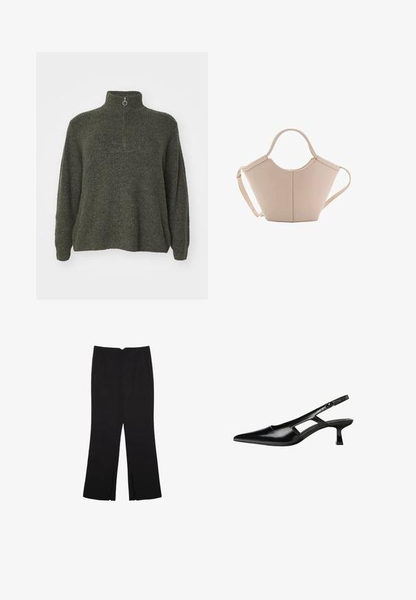 Vero Moda Curve VMCPLAZA ZIPPER - Jumper - kalamata melange; Black trousers with a straight fit, featuring front pockets and side slits at the hem. Made of soft, smooth fabric. Suitable for various occasions.; Black patent leather slingback heels with a pointed toe, cut-out side design, and a small square heel. Smooth texture with minimal accents.; Beige leather handbag with a unique shape, featuring two short handles and a long adjustable strap. Smooth texture with minimal hardware.