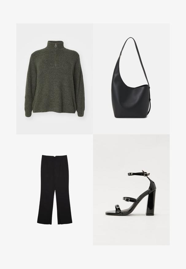 Vero Moda Curve VMCPLAZA ZIPPER - Maglione - kalamata melange; Pantaloni neri a gamba dritta, con tasche frontali e spacchi laterali all'orlo. Realizzati in tessuto morbido e liscio. Adatti a diverse occasioni.; Sandali con tacco in vernice nera, con punta squadrata, cinturini alla caviglia e fibbie in argento. Presentano un tacco a blocco spesso per maggiore stabilità.; Borsa hobo nera in pelle con una superficie liscia, forma curvata e una singola tracolla regolabile; presenta un'ampia apertura nella parte superiore.