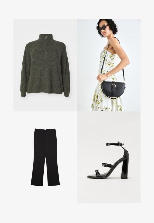 Vero Moda Curve VMCPLAZA ZIPPER - Striktrøje - kalamata melange; Sorte bukser med lige pasform, der har frontlommer og slidser i kanten. Lavet af blødt, glat stof. Velegnet til forskellige anledninger.; Sorte patenterede hælsandaler med firkantet tå, ankelremme og sølvspænder. Har en chunky blokHæl for stabilitet.; Sort læderhåndtaske med en buet form, aftagelig rem og guldfinish. Tasken har en klap med en spænde detalje.