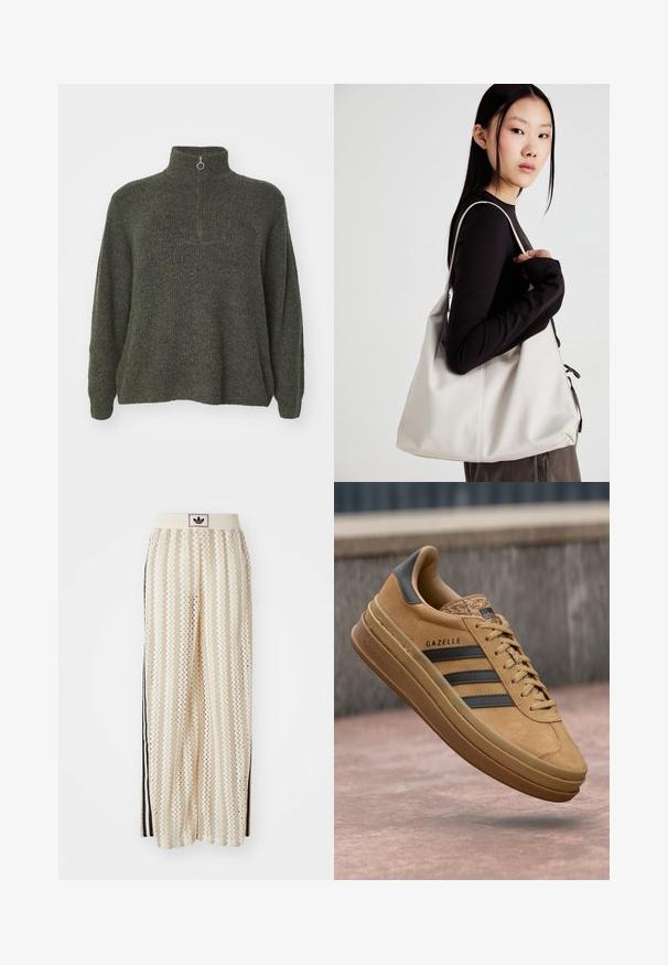 Vero Moda Curve VMCPLAZA ZIPPER  - Džemper - kalamata melange; Kreemivärvilised lai säärega püksid, millel on siksakmustrit, must logoga vööp ja külgmised mustad triibud. Kerge, tekstureeritud kangas.; Kreemjad nubukist tossud, millel on sile tekstuur, kolm tumedat triipu, ümmargune varvas ja paksem tald, millel on mustriline serv.; Bež käekott pehme materjali, millel on lõtv disain, õmblustega detailid ja kaks õlarihma. Sobib igapäevaseks kasutamiseks.