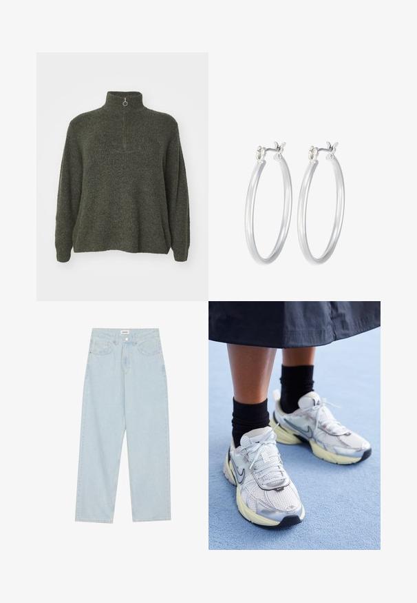 Vero Moda Curve VMCPLAZA ZIPPER - Jumper - kalamata melange; Light blue wide-leg jeans made of denim, featuring a mid-rise waist, five pockets, and a button closure with a slim metal accent.; White and silver Nike sneakers with mesh fabric, reflective accents, and a beige sole. Worn with black socks, standing on a blue surface.; Silver hoop earrings with a smooth, polished finish. Round shape and secure click-top closure. Lightweight design suitable for everyday wear.