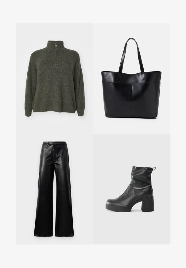 Vero Moda Curve VMCPLAZA ZIPPER - Maglione - kalamata melange; Pantaloni ampi a vita alta in ecopelle neri con bottone frontale, chiusura con zip, passanti per cintura e tasche laterali su sfondo bianco.; Stivali neri alla caviglia in pelle liscia, con zip laterale, tacco spesso e texture, e punta arrotondata.; Borsa a tracolla in pelle nera con due manici lunghi, una texture liscia e una forma strutturata. Presenta una tasca frontale per ulteriore spazio di archiviazione.