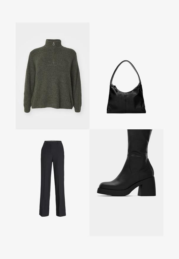 Vero Moda Curve VMCPLAZA ZIPPER - Pullover - kalamata melange; Pantalons noirs taille haute avec une coupe droite. Fabriqués à partir d'un tissu lisse, ils présentent des plis avant et des poches latérales.; Botte en cuir noire mi-mollet avec un large talon bloc et un bout arrondi, montrant le profil latéral sur fond blanc.; Sac à bandoulière en cuir noir avec une texture lisse, un dessus arrondi et une seule sangle. Doté d'une fermeture éclair et d'un design minimaliste.