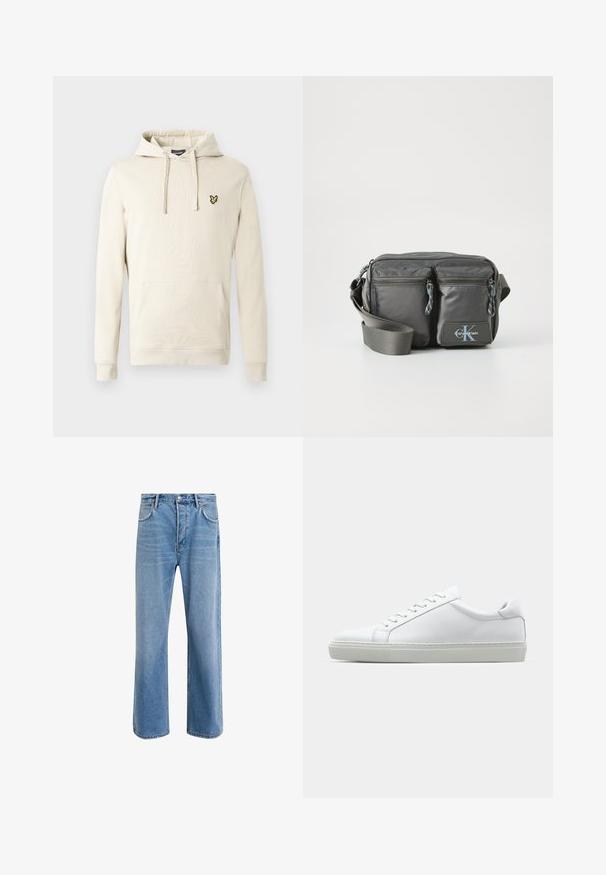 Felpa con cappuccio color crema realizzata in tessuto morbido, con tasca a marsupio frontale e un piccolo emblema giallo sul petto. Cappuccio con coulisse incluso.; Jeans in denim blu chiaro con design a gamba dritta, cinque tasche, chiusura con bottone, leggero sbiadimento e dettagli di cucitura a contrasto.; Sneaker bianco con tomaia in pelle liscia e profilo basso. Presenta una punta arrotondata, sei occhielli e una suola in gomma testurizzata.; Borsa a tracolla in nylon grigio con due tasche frontali con zip, tracolla regolabile e accentuazione del logo. Texture liscia con un design moderno.