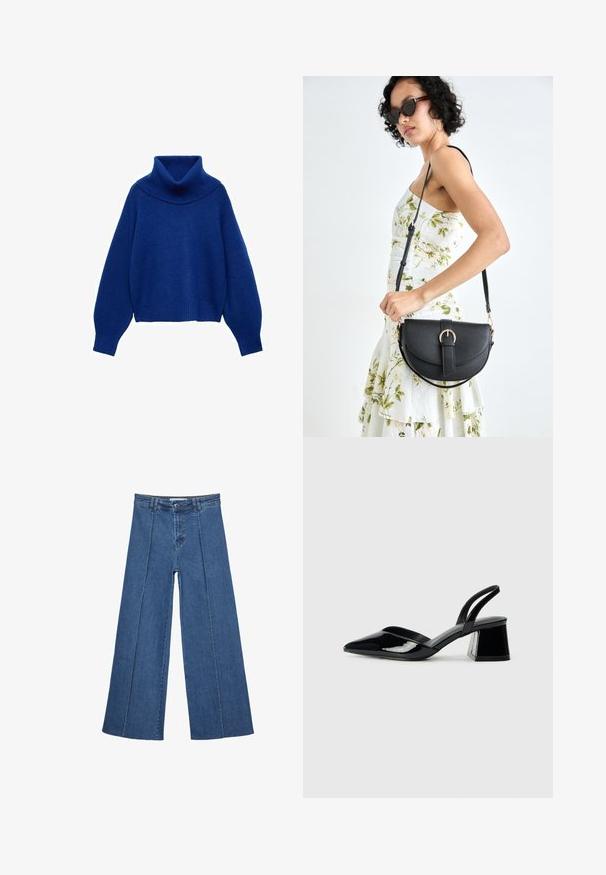 Mango Stickad tröja - neon blue; Vidbenade denimjeans i medelblått, med hög midja, knäppning och kontrasterande vertikala sömdetaljer längst fram.; Svarta lackläder slingback klackar med spetsig tå och geometrisk klack. Har en elegant, minimalistisk design och slät yta.; Svart läderhandväska med en böjd form, avtagbar rem och guldiga detaljer. Väskan har ett lock med en spänndetalj.