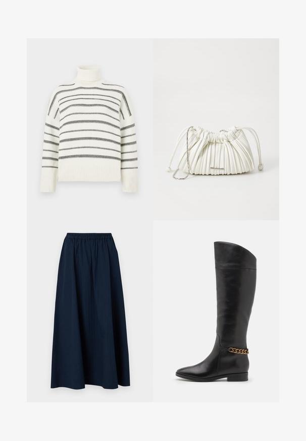 Hvidt turtle neck-sweater med sorte vandrette striber. Har ribbede kanter ved halsen og ærmerne. Blød tekstur, afslappet pasform og strikket design.; Mørkeblå, lang nederdel lavet af tekstureret stof med elastisk talje og subtile lodrette striber.; Høje sorte læderstøvler med et slankt design, spids tå og en guld kædeaccent ved anklen. Lav blokhæl. Glat overflade.; Hvid plisseret håndtaske lavet af blødt materiale. Har snøre lukning, flettede håndtag og en sølvfarvet hardware detalje.