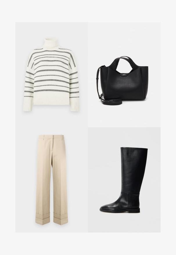 Pull à col roulé blanc avec des rayures noires horizontales. Présente un col et des poignets côtelés. Texture douce, coupe décontractée et design tricoté.; Pantalons beige avec une coupe droite, dotés d'un double revers au bas et d'un design à plat à l'avant. Fabriqués en tissu lisse et durable.; Botte en cuir noir, montant jusqu'au genou, avec un bout arrondi, texture lisse, design minimaliste et semelle plate. Détails de couture simples sur la tige.; Sac à main en cuir noir avec finition texturée, forme angulaire, doubles poignées et une bandoulière réglable. Présente un accent avec le logo DKNY.
