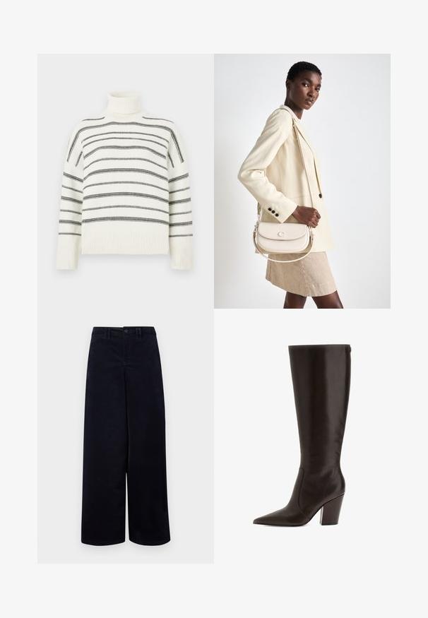 White turtleneck sweater with black horizontal stripes. Features ribbed neck and cuffs. Soft texture, relaxed fit, and knit design.; Navy wide-leg trousers made of textured fabric. Features a front button closure, belt loops, and pockets on either side.; Brown leather knee-high boot with a pointed toe and block heel. Features a smooth texture and side zipper for easy wear.; COACH EMMY SADDLE BAG 23 - Handbag - chalk