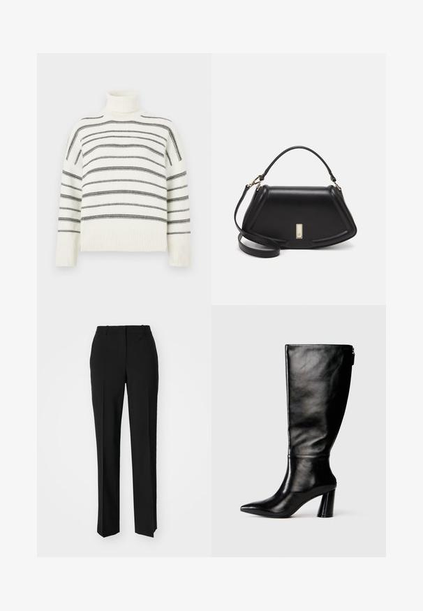 Maglione bianco a collo alto con strisce orizzontali nere. Presenta un collo e polsini a coste. Texture morbida, vestibilità rilassata e design a maglia.; Pantaloni neri su misura con un design a gamba dritta, caratterizzati da una texture liscia e pieghe ben definite sul davanti. Senza hardware visibile.; Stivale in pelle nera, alto fino al ginocchio, con punta affusolata, superficie liscia e tacco spesso. Presenta un dettaglio con zip sul retro.; Borsa a mano in pelle nera con un design strutturato, caratterizzata da una forma corta, manico superiore e accessori in metallo dorato. Inclusa tracolla regolabile.