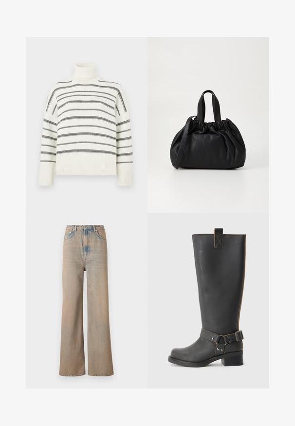 Maglione bianco a collo alto con strisce orizzontali nere. Presenta un collo e polsini a coste. Texture morbida, vestibilità rilassata e design a maglia.; Jeans a gamba larga in denim di colore chiaro con vita alta. Caratterizzati da cuciture sottili e cinque tasche, con una texture leggermente sbiadita.; Stivale nero in pelle alta fino al ginocchio con finitura texturizzata, caratterizzato da un'accento a fibbia laterale e un tacco basso. Cuciture dettagliate lungo le cuciture.; Borsa a tracolla in pelle nera con design a cima arricciata, dotata di due manici corti e di una lunga tracolla regolabile. Texture liscia, forma arrotondata.