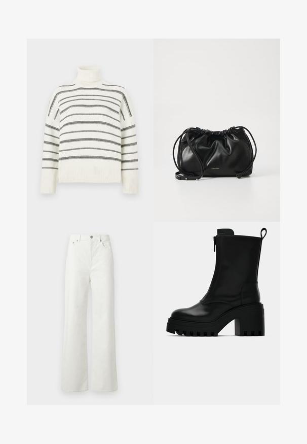 Valkoinen poolopaita, jossa on mustia vaakasuoria raitoja. Ominaisuuksiin kuuluu ribbireunus kauluksessa ja hihansuissa. Pehmeä pinta, rento malli ja neulottu muotoilu.; Samsøe Samsøe SHELLY - Relaxed fit -farkut - clear cream; Musta nahkasaapas nilkkamalli, jossa on paksu karkea pohja, tukevat korko, sivuvetoketju ja vetonauha takana, yksivärisellä valkoisella taustalla.; Musta nahkainen käsilaukku, jossa on kerroksellinen muotoilu, kaksinkertainen nauhakiinnitys ja irrotettava olkahihna. Sisältää metallisen logo-yksityiskohdan.