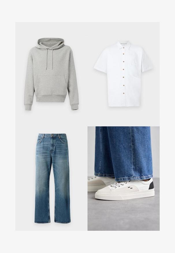 Szara bawełniana bluza z kapturem z przednią kieszenią, regulowanym kapturem, ściągaczami przy mankietach i u dołu. Gładka struktura, swobodny design i luźny krój.; Biała koszula z krótkim rękawem, wykonana z lnu, z zapięciem na guziki z przodu, kieszenią na piersi i akcentami w postaci drewnianych guzików.; Jasnoniebieskie spodnie dżinsowe z szerokimi nogawkami i wyblakłym odcieniem, z zapięciem na pojedynczy guzik, pięcioma kieszeniami i kontrastowym przeszyciem.; Białe i czarne sneakersy z gładką skórzaną cholewką, teksturowanymi akcentami oraz masywną białą podeszwą. Posiadają klasyczny system sznurowania.