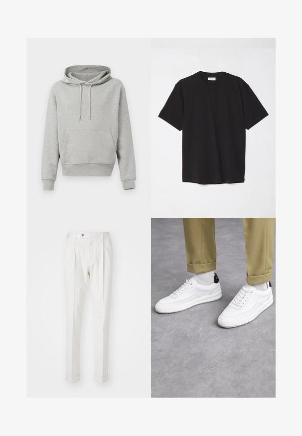 Šedá bavlněná mikina s kapsou vpředu, kapucí se stahovací šňůrkou, žebrovanými manžetami a lemy. Hladká textura, ležérní design a uvolněný střih.; Černé bavlněné tričko s kulatým výstřihem, krátkými rukávy a volným střihem. Jednoduchý design, hladká textura a žádné viditelné vzory či loga.; Bílé kalhoty na míru s plochým předním dílem, dvěma sklady a ohrnutými nohavicemi. Vyrobené z hladké tkaniny s knoflíkovým zapínáním v pase.; Bílé tenisky s texturovaným koženým povrchem, zaoblenou špičkou a černým akcentem na patě. Gumová podrážka s malým vzorem a šitými detaily.