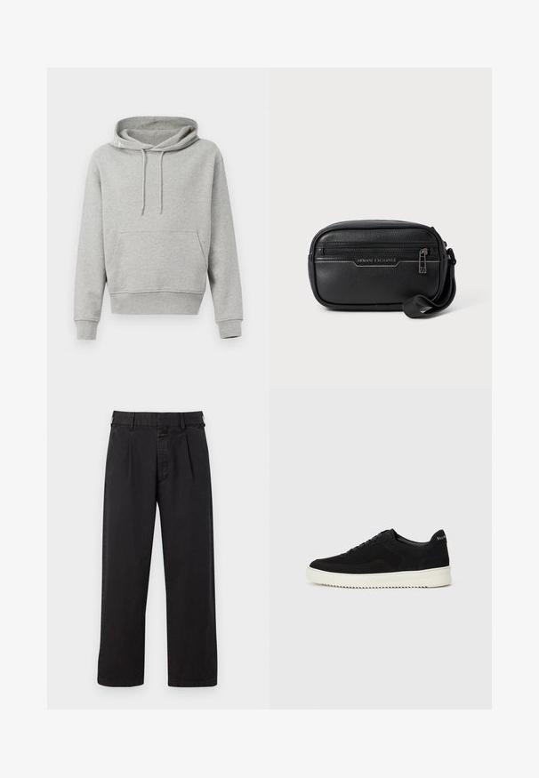 Hanorac gri din bumbac cu buzunar frontal, glugă cu șnur, manșete și tiv ribbed. Textură netedă, design casual și o croială lejeră.; Pantaloni din bumbac negri, cu croială dreaptă, având un față plisată, bucle pentru centură și închidere cu nasture. Textură netedă, fără modele.; Adidași negri din suede cu design cu șireturi și talpă din cauciuc alb contrastant. Prezintă panouri laterale texturate și branding subtil pe toc.; Geantă de umăr din piele neagră, cu închidere cu fermoar, suprafață texturată și accesorii din argint. Prezintă logo-ul "Armani Exchange" pe față.
