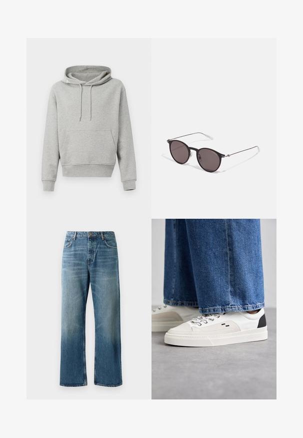 Hanorac gri din bumbac cu buzunar frontal, glugă cu șnur, manșete și tiv ribbed. Textură netedă, design casual și o croială lejeră.; Jeans largi de culoare albastru deschis, cu o spălare estompată, având închidere cu un singur buton, cinci buzunare și cusături contrastante.; Adidași albi și negri, cu un superior din piele netedă, accente texturate și o talpă albă groasă. Prezintă un design clasic cu șireturi.; Ochelari de soare negri rotunzi cu lentile întunecate și brațe metalice subțiri. Include vârfuri transparente pentru brate și accente argintii la balama. Design minimalist.