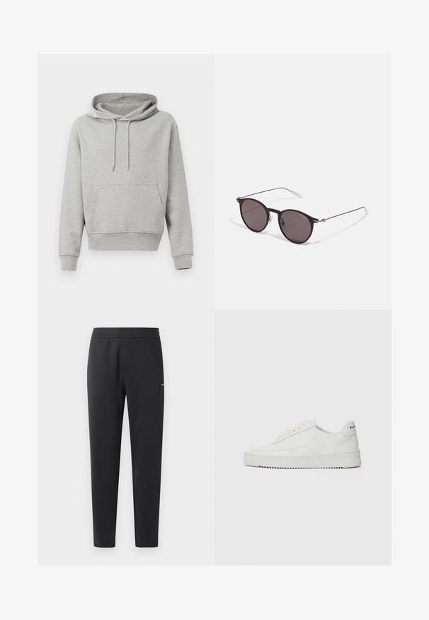 Grå bomullshuvtröja med en framficka, dragsko på huvan, ribbade ärmslut och nederkant. Slät textur, avslappnad design och lös passform.; Svarta joggingbyxor i mjukt tyg, med elastisk midja, raka ben och en liten logotypdetalj på sidan.; Vita lädersneakers med en jämn yta, rund tå, platta snörningar och en strukturerad sula. Har en diskret logotyp på hälen.; Svarta runda solglasögon med mörka linser och smala metallarmar. Inkluderar klara tempeltips och silverdetaljer vid gångjärnet. Minimalistisk design.