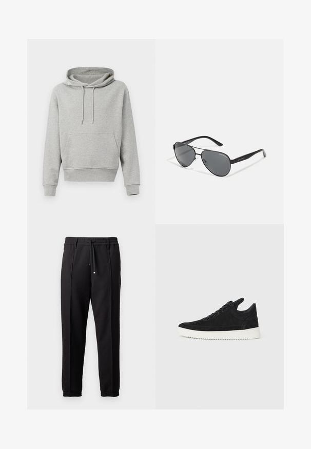 Šedá bavlnená mikina s predným vreckom, kapucňou na šnúrku, rebrovanými manžetami a spodným lemom. Hladká textúra, voľný design a pohodlný strih.; Čierne nohavice s pásom, šnúrkou na stiahnutie a elastickými manžetami. Obsahujú pútkové prešitia a hladkú, textúrovanú látku.; čierne semišové tenisky s bielou gumovou podrážkou, s tonálnym prešívaním a šnurovaním. Hladká textúra s moderným, zjednodušeným tvarom.; Čierne aviator slnečné okuliare s tmavými sklami, tenkým kovovým rámom a štíhlymi plastovými stranami so zdobením loga.