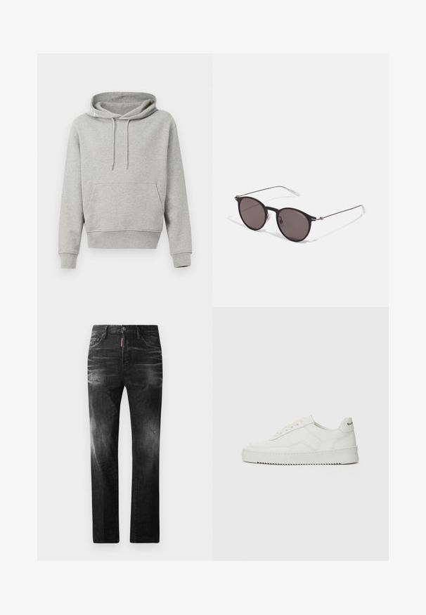 Pilkas medvilnės džemperis su priekiniais kišenėmis, kulkšninių raištelių liemeniu, ir raukšlėmis ant rankovių bei apatinio krašto. Lygus paviršius, kasdieniška dizainas ir laisvas kirpimas.; Juodi džinsai su tiesiu kirpimu. Spalvoti svyrantys plotai, šiek tiek sugadinti, klasikinis penkių kišenių dizainas ir mygtuko uždarymas.; Balti odiniai sportiniai bateliai su lygia apdaila, apvaliu pirštu, plokščiais raišteliais ir tekstūruotu padu. Pasižymi subtiliu logotipu ant kulno.; Juodos apvalios saulės akinių su tamsiais lęšiais ir plonomis metalinėmis šakomis. Įtraukti skaidrūs šventyklų galai ir sidabriniai akcentai vyrio srityje. Minimalistinis dizainas.