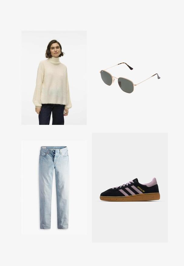 Krämfärgad polo-tröja med lös passform, ribbad textur och vida ärmar, kombinerad med mörka denimjeans. Mjuk, varm material.; Ljusblå denimjeans med raka ben, två framfickor och två bakfickor. Inkluderar en tvåknappsgylf och diskret sömnad.; Svart och rosa mockasneaker med gummisula, tre rosa ränder, gyllene "SPEZIAL" logotyp och texturerad gummina sula. Låg design.; Guldmetallramda solglasögon med mörkgröna linser, pilotstil, med smala armfästen och sköldpaddsmönstra detaljer på spetsarna.