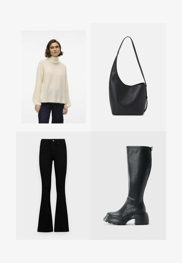 Crème coltrui met een losse pasvorm, geribbeld textuur en wijde mouwen, gecombineerd met donkere denim jeans. Zacht, comfortabel materiaal.; Zwarte hoge taille jeans met een knoop- en ritssluiting, voorzakken en een flared pijp, plat gelegd op een witte achtergrond.; Hoge zwarte leren laars met een chunky plateauzool en blokhak, voorzien van een trekband en een gestructureerd profiel op de buitenzool.; Zwarte leren hobo tas met een gladde textuur, kromme vorm en een enkele verstelbare schouderband; heeft een brede opening aan de bovenkant.