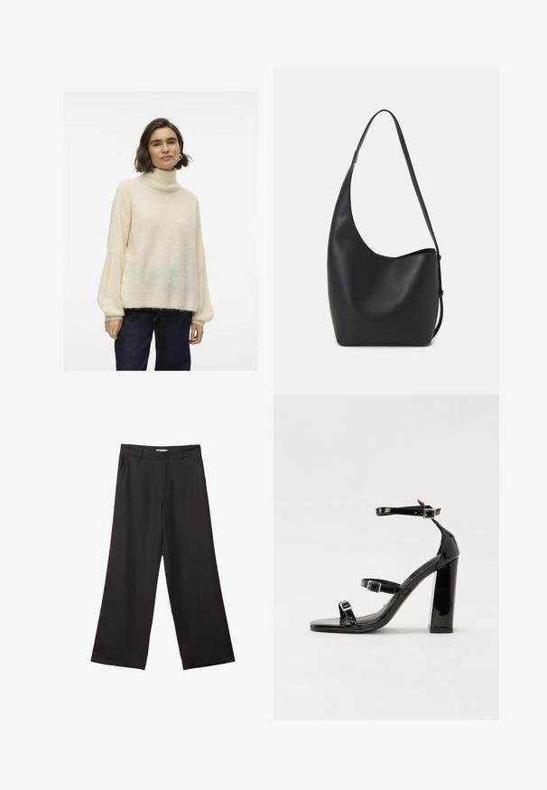 Cremfarbener Rollkragenpullover mit lockerer Passform, geripptem Muster und weiten Ärmeln, kombiniert mit dunklen Jeans. Weiches, kuscheliges Material.; Schwarze weite Hosen aus glattem Stoff, mit einem Reißverschluss vorne und zwei seitlichen Taschen, maßgeschneiderter Passform und minimalistischem Design.; Schwarze patentierte Sandalen mit Absatz, quadratischer Spitze, Knöchelriemen und silbernen Schnallen. Mit einem stabilen Blockabsatz für mehr Stabilität.; Schwarze Leder-Hobo-Tasche mit einer glatten Textur, geschwungener Form und einem einzelnen verstellbaren Tragegurt; verfügt über eine weite Öffnung am oberen Ende.