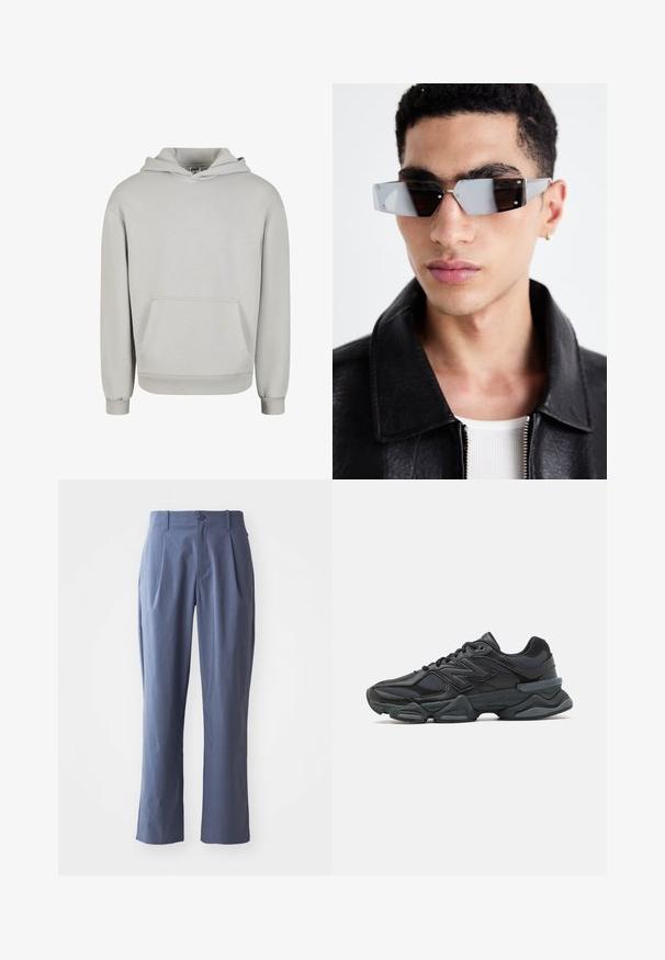 Svijetlosivi hoodie od mekanog materijala, s prednjim džepom, kapuljačom s okomitim vezicama i rebrastim manžetama i rubom. Klasičan pulover dizajn.; Tamnoplave hlače s pregibima, ravnog kroja, izrađene od lagane tkanine, s jednim prednjim dugmetom i petljama za remen.; Crne trkačke tenisice izrađene od kombinacije mrežastih i sintetičkih materijala, s debelim potplatom, zakrivljenim dizajnom i istaknutim brendom sa strane.; Angular sunčane naočale sivo-smeškanih tonova sa srebrnim detaljima, postavljene na svijetloj pozadini. Stakla imaju jedinstven geometrijski oblik.