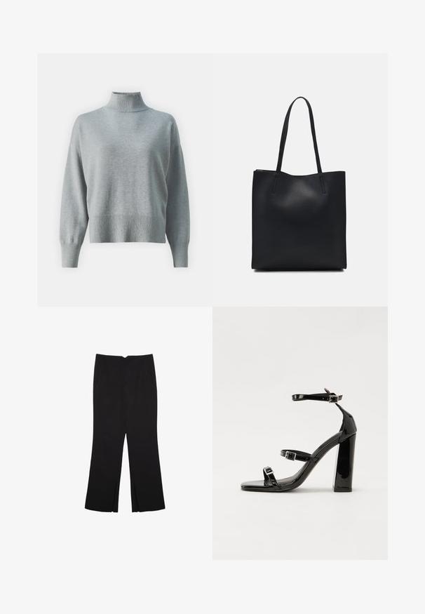 Hellgrauer Strickpullover mit hohem geripptem Kragen, lockerer Passform, verlängerten Ärmeln und geripptem Saum. Weicher Griff und minimalistisches Design.; Schwarze Hose mit geradem Schnitt, ausgestattet mit Fronttaschen und Seitenschlitzen am Saum. Hergestellt aus weichem, glattem Stoff. Geeignet für verschiedene Anlässe.; Schwarze patentierte Sandalen mit Absatz, quadratischer Spitze, Knöchelriemen und silbernen Schnallen. Mit einem stabilen Blockabsatz für mehr Stabilität.; Schwarze Laptoptasche aus Leder mit glatter Textur, rechteckiger Form und zwei langen Griffen. Keine sichtbaren Beschläge oder Verzierungen.