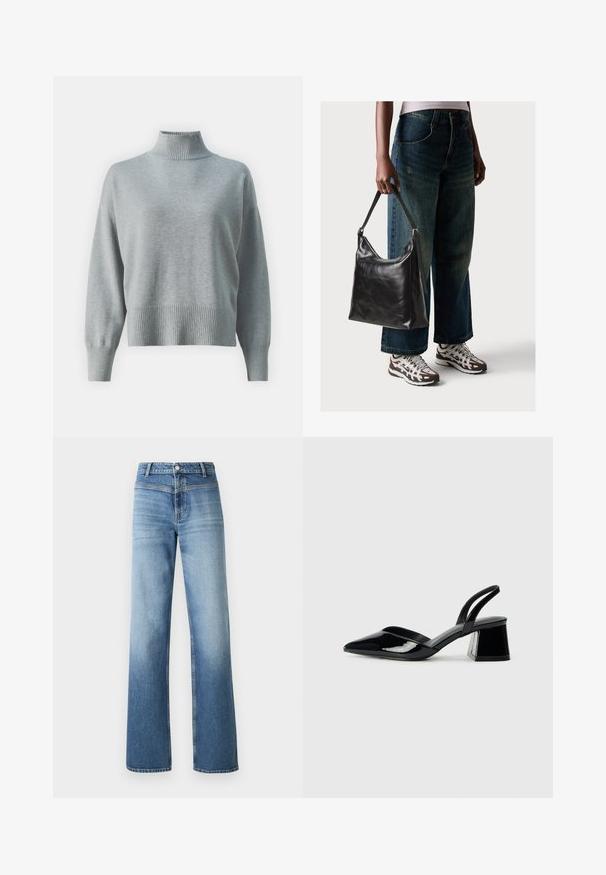 Lys grå strikkegenser med høy ribbestrikket krage, avslappet passform, utvidede ermer og ribbestrikket hem. Myk tekstur og minimalistisk design.; Lyseblå denim jeans med høy midje, rett ben-design, falmet vask og klassisk fem-lommet stil. Avsluttet med knappelukking.; Svarte patentlær slingback hæler med spiss tå og geometrisk blokk hæl. Har et stilrent, minimalistisk design og jevn tekstur.; Sort skinnveske med en glatt tekstur og justerbar stropp, kombinert med falmede vide jeans og atletiske sneakers.