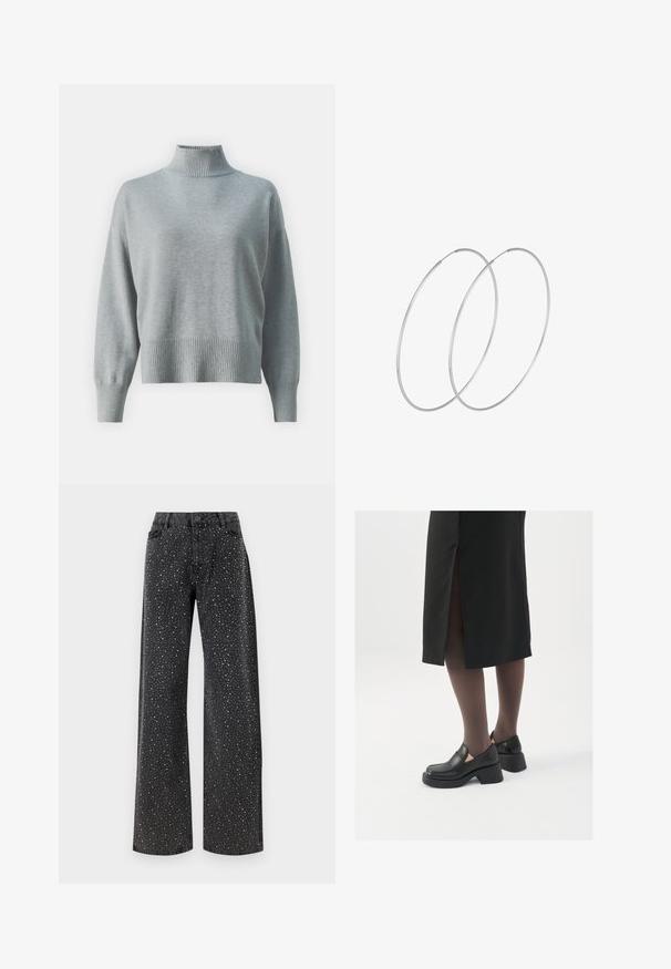 Světle šedý pletený svetr s vysokým žebrovaným límcem, volným střihem, prodlouženými rukávy a žebrovaným lemem. Měkká textura a minimalistický design.; Noisy May NMJANNEL LOOSE - Džíny Relaxed Fit - black denim; Černé kožené boty s kulatou špičkou, silným blokovým podpatkem a elastickými bočními akcenty, spárované s tmavými punčochami a černou sukní se rozparkem.; Stříbrné kruhové náušnice s minimalistickým designem. Kruh, hladký povrch a tenký profil. Lehká konstrukce s lesklým povrchem.