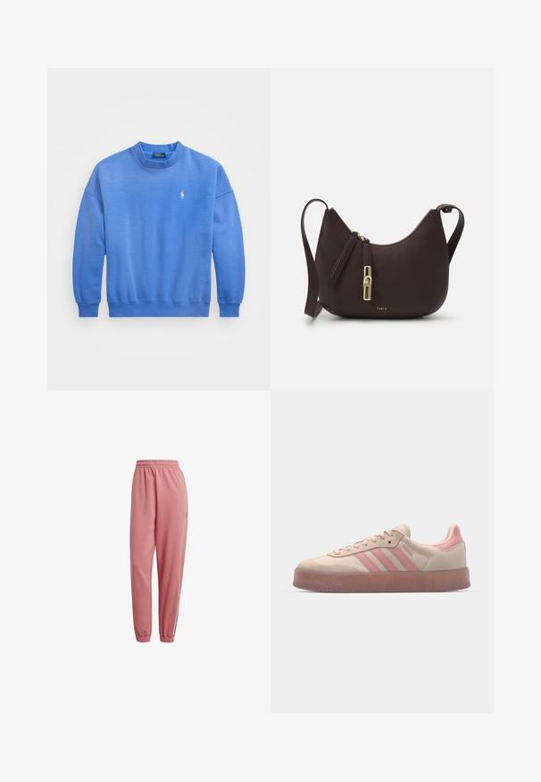 Sinine sving riiet, mis on valmistatud pehmest puuvillasegistusest, millel on ümmargune kaelus, pikad varrukad, soonikuga mansetid ja väike logo tikandina rinnal.; Roosa spordipüksid elastse vöökoha, kitsenevate säärete ja soonikute sääreotstega. Omab logodetaile säärel ja kontrastseid triibusid külgedel.; Beežist nahkkingad heledate roosa aktsentidega, tekstuuriga kummitald, ning kolm roosa triipu külgedel. Ümar nina ja nööridega disain.; Furla GOCCIA SHOULDER BAG - Käekott - cioccolato