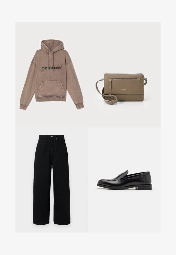 Felpa con cappuccio marrone in morbido misto cotone, dotata di tasca frontale e design del testo grafico. Vestibilità comoda con polsini e fondo a coste.; Pantaloni larghi neri realizzati in cotone, con vita alta, tasche frontali, bottone in tonalità argento e orlo pulito.; Mocassini neri in pelle con una texture liscia, punta arrotondata e una striscia decorativa sulla tomaia. Tacco basso impilato, design minimalista.; Borsa a tracolla in pelle taupe con tasca anteriore con cerniera, tracolla regolabile, texture a granuli e logo embossato sulla parte anteriore.