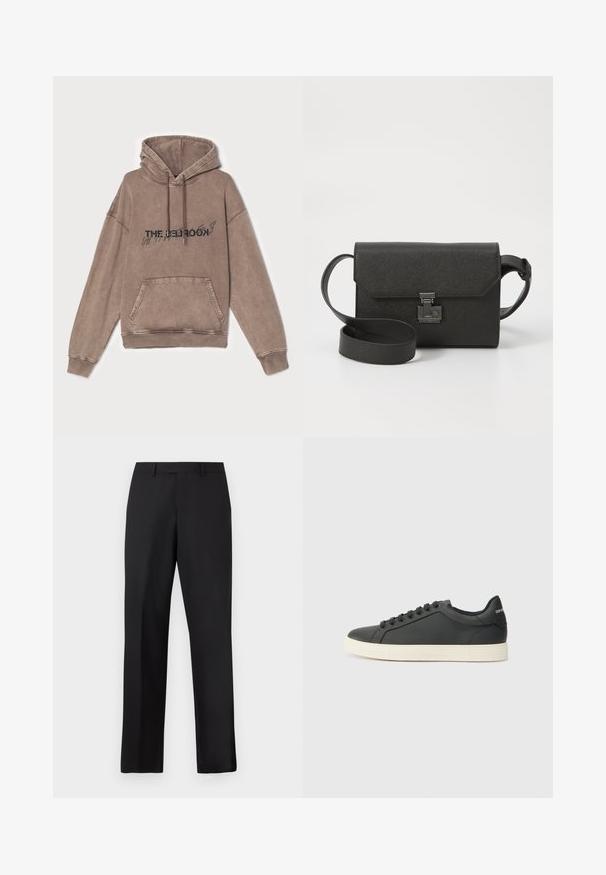 Brązowa bluza z kapturem z miękkiej mieszanki bawełny, z kieszenią z przodu i graficznym wzorem tekstu. Luźny krój z ściągaczami na nadgarstkach i u dołu.; Czarne spodnie o prostych nogawkach wykonane z gładkiej tkaniny. Posiadają standardowy pas i nie mają widocznych wzorów ani zdobień.; Czarne skórzane trampki o niskim profilu, z zaokrąglonym noskiem i sznurowanym zapięciem; posiadają teksturowaną gumową podeszwę oraz detal z logo na pięcie.; Czarna skórzana torba na ramię z teksturowanym wykończeniem, z klapką, metalowymi akcesoriami i dopasowanym regulowanym paskiem.