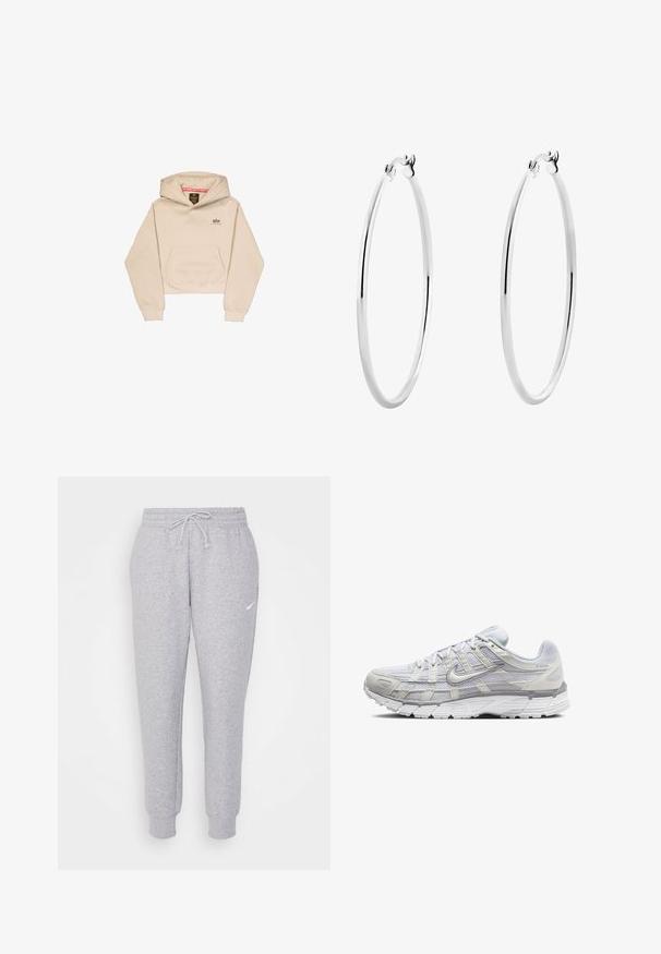 Hoodie beige tagliato, realizzato in tessuto morbido, con tasca frontale, cappuccio e piccolo logo sul petto. Texture liscia e vestibilità rilassata.; Pantaloni della tuta grigi chiari con vita regolabile, gamba affusolata e un piccolo logo bianco sulla coscia sinistra. Realizzati in un morbido tessuto texture.; Scarpe da ginnastica grigio chiaro con tomaia in rete e sintetico, dotate di chiusura con lacci, collo imbottito e suola testurizzata per una migliore aderenza.; Orecchini a cerchio in argento con una superficie liscia e lucida e una forma circolare sottile. Il design presenta una chiusura sicura.